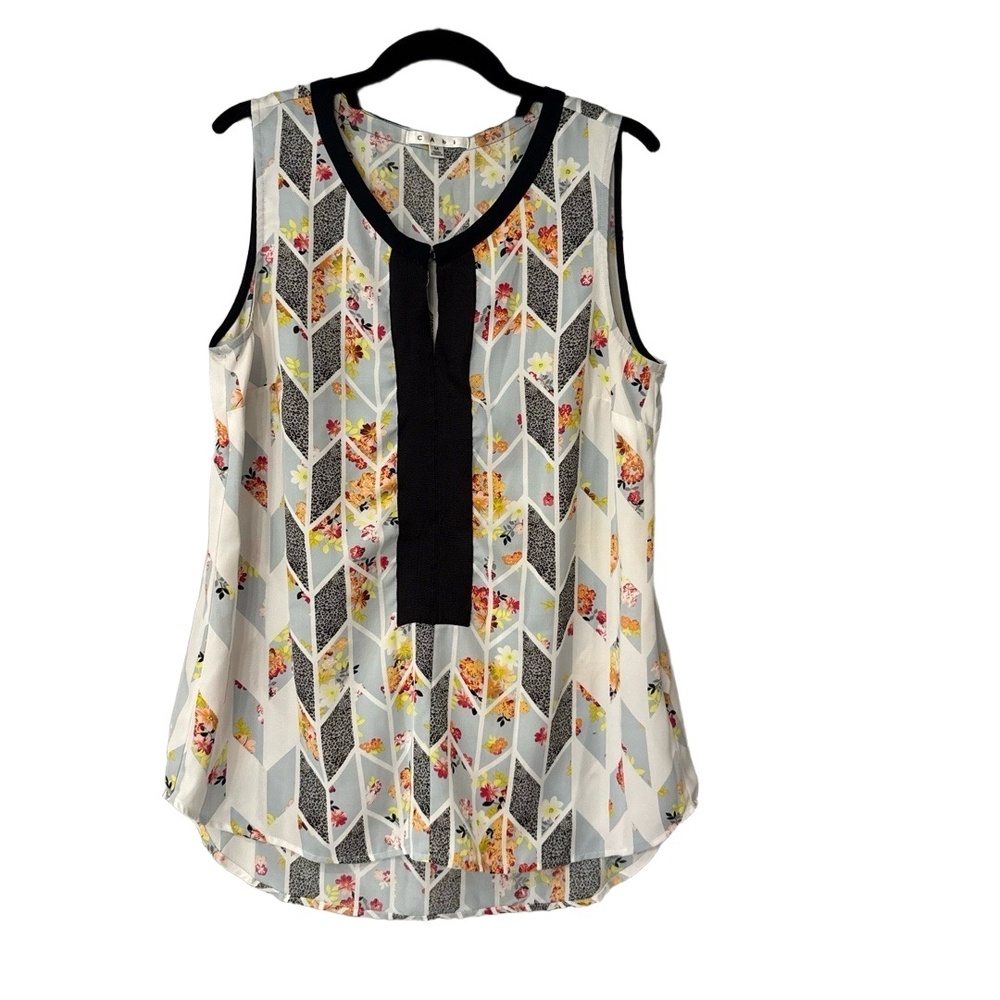 Cabi Womens 249 Mixed Media Floral Geometric Sleeveless Blouse Blue Black Size M